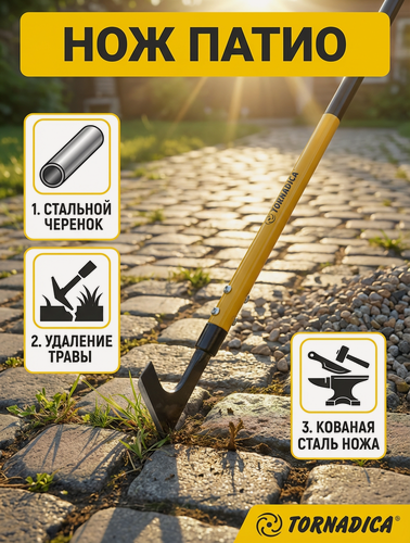 Изображение товара Удалитель сорняков в межплиточных швах Торнадика со стальным черенком 165 см. / Нож Патио садовый скребок для травы Tornadica / Скребок для льда