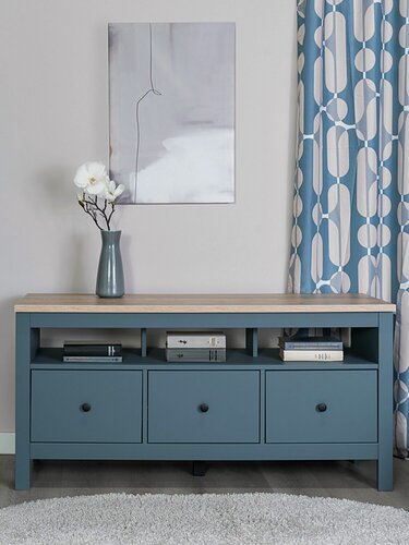 Изображение товара Тумба ТВ Сага, 3 ящика, 131х42х63 см, темно-бирюзовая/ясень, ГУД лакк