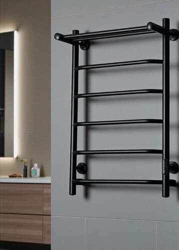 Изображение товара Полотенцесушитель электрический 500мм 800мм с терморегулятором черный матовый подключение универсальное