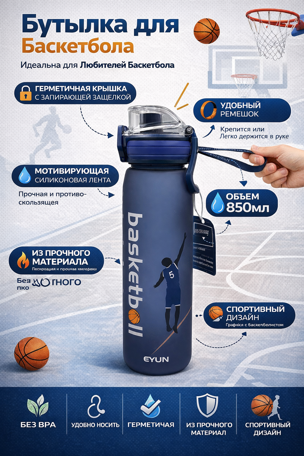 Спортивная бутылка для воды 850 мл с трубочкой и ручкой, баскетбол дизайн, герметичная, для школы и спорта