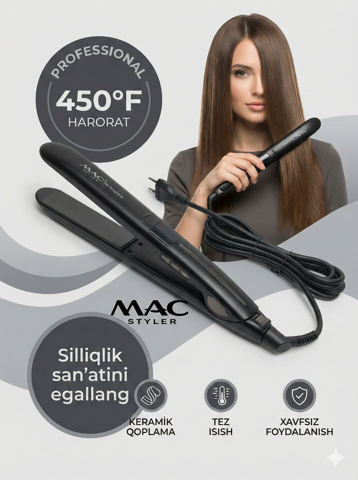 Профессиональный утюжок, выпрямитель для волос MAC Styler , с LCD дисплеем Black