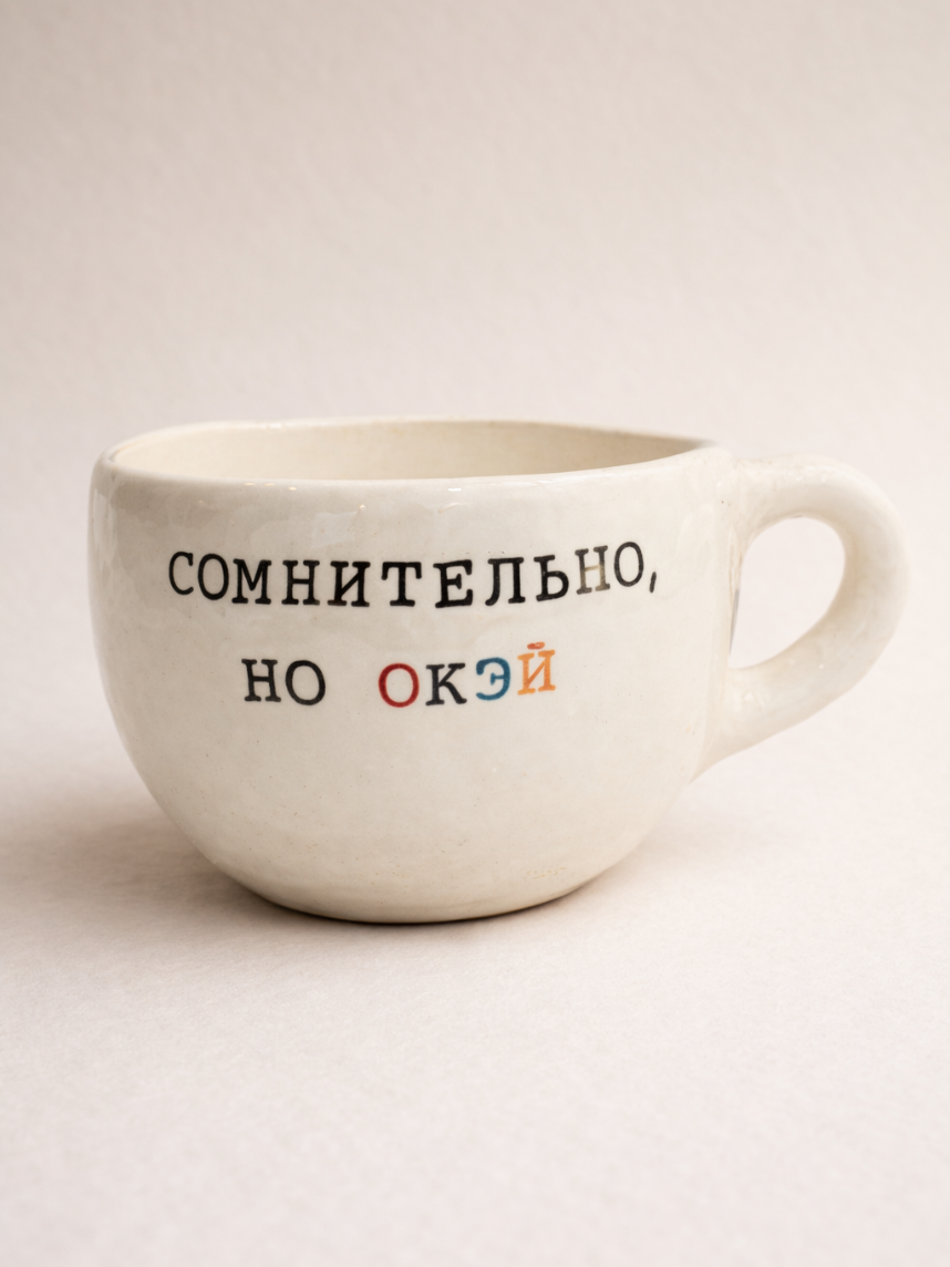 Кружка ручной работы с надписью «Сомнительно, но окэй», белая, керамика, 180 мл