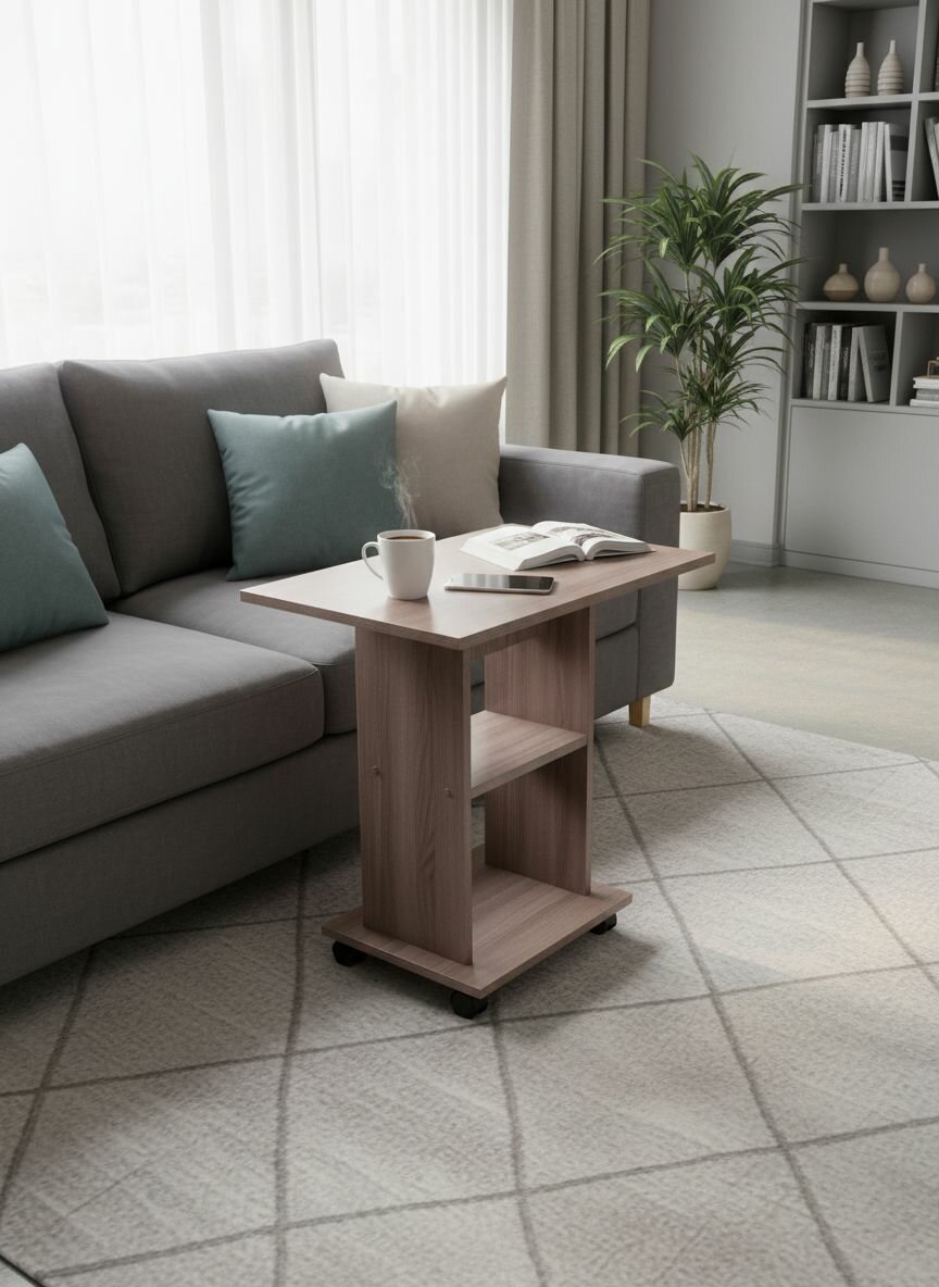 Досто Столик кофейный на колесиках журнальный, приставной, придиванный 62х40х60 см, Ясень шимо темный