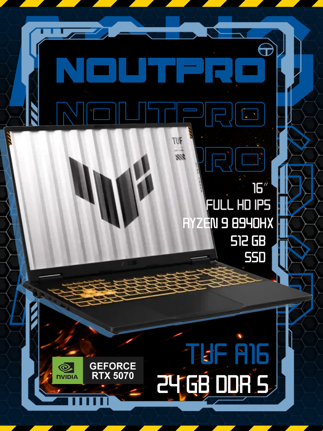 Ноутбук ASUS TUF A16 AMD Ryzen™ 9 8940HX RAM 16GB DDR5 SSD 512 GB RTX 5070 8 GB 16.0 WQXGA 165 Hz