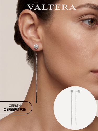 Изображение товара Серьги цепочки, серебро, 925 проба, родирование, фианит