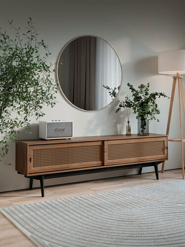 Изображение товара Тумба под телевизор напольная Puzzlemebel Бохо, фасад из плетенного ротанга на ножках, длина 180 см, коричневый