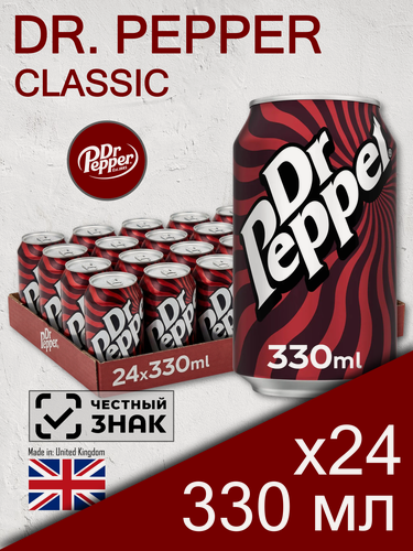 Изображение товара Dr. Pepper, 0.33 л, 24 шт, банка (газированный напиток Доктор Пеппер, классический, Великобритания)