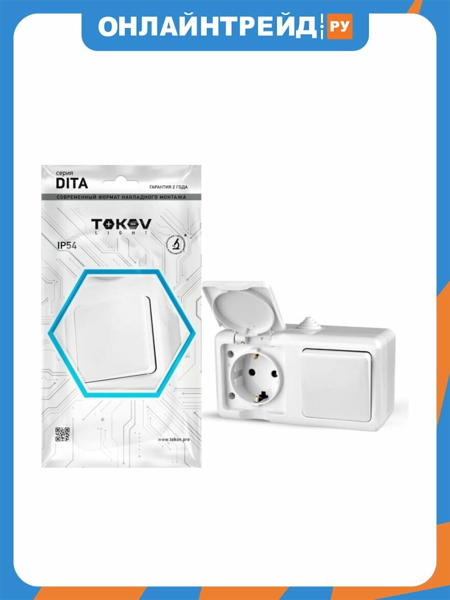 Блок ОП Tokov Electric Dita (розетка 16А 250В с заземл. + 1-кл. выкл. 10А) IP54 бел. TKL-DT-V1RZ-C01-IP54