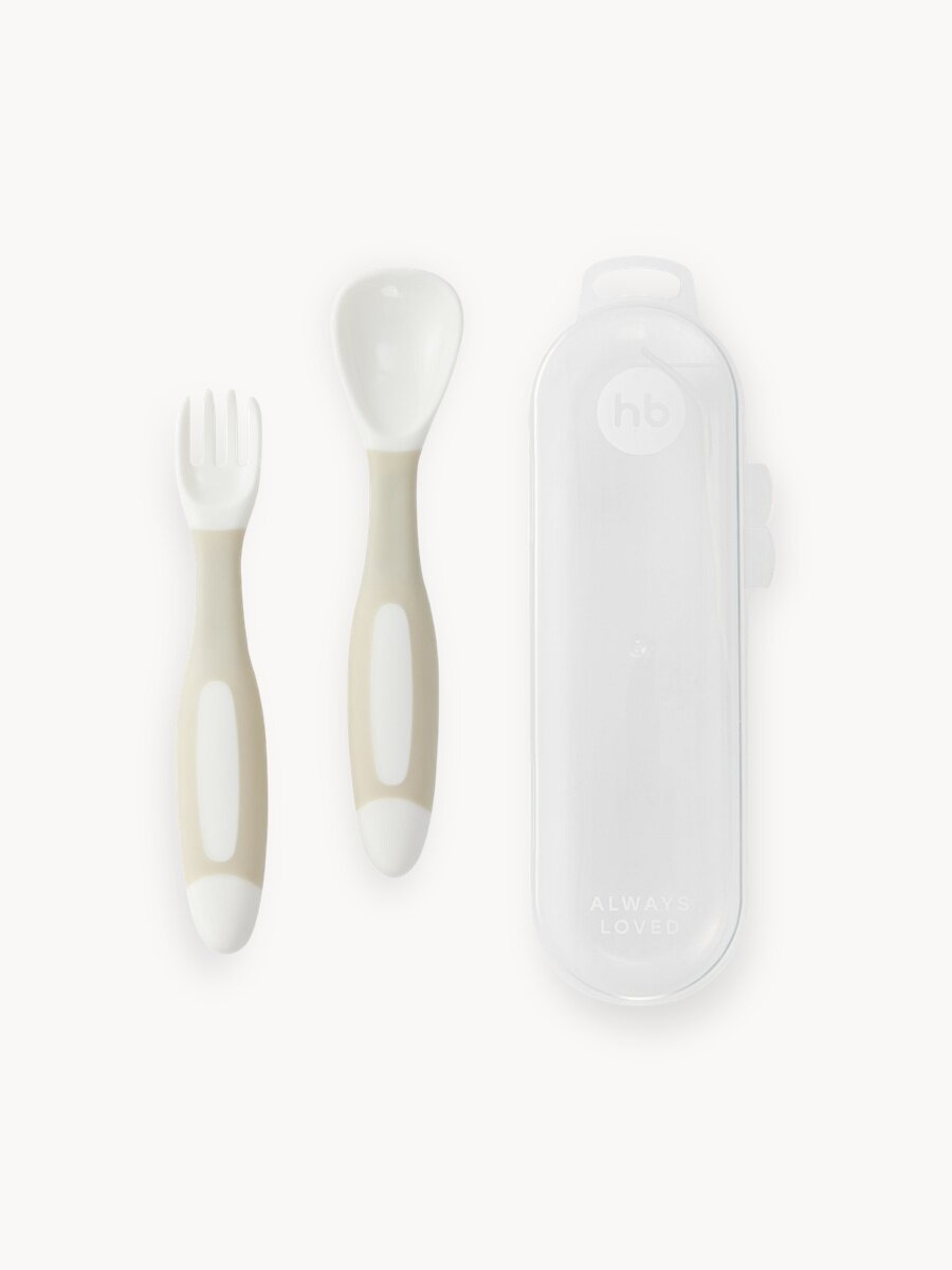 15071, Набор детских столовых приборов Happy Baby, ложка и вилка для кормления, посуда для детей, white and light gray
