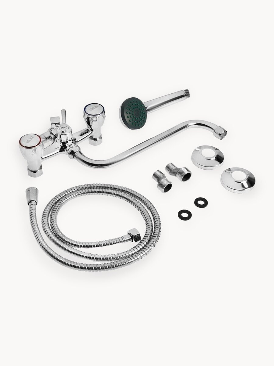 Смеситель для ванны ZEIN Z4327, кран-букса 1/2", излив 27 см, с душевым набор, хром