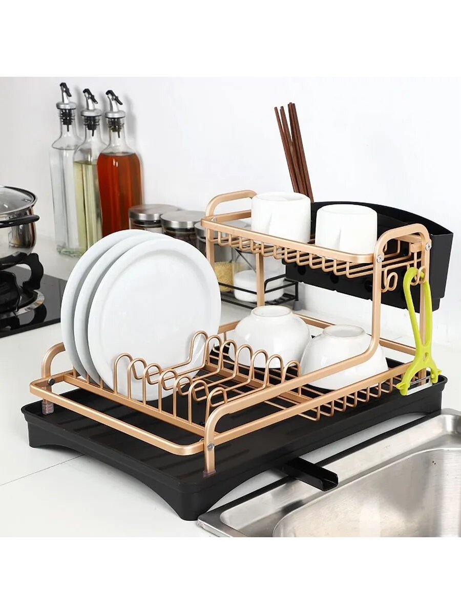 Сушилка для посуды, настольная, для кухни и раковины, с поддоном, двухъярусная свет бронза