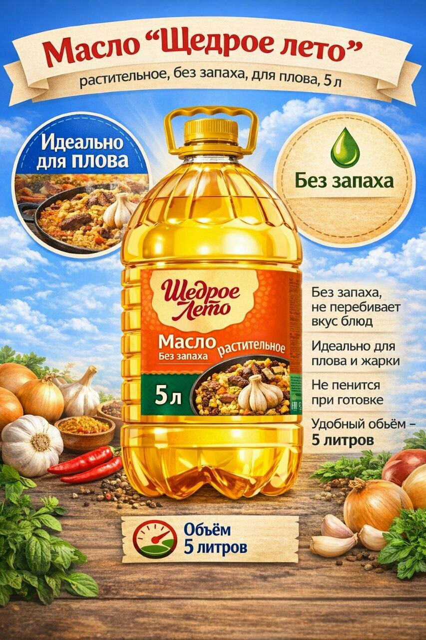 Щедрое лето масло подсолнечное рафинированное, прозрачное, светло-золотистое 5л