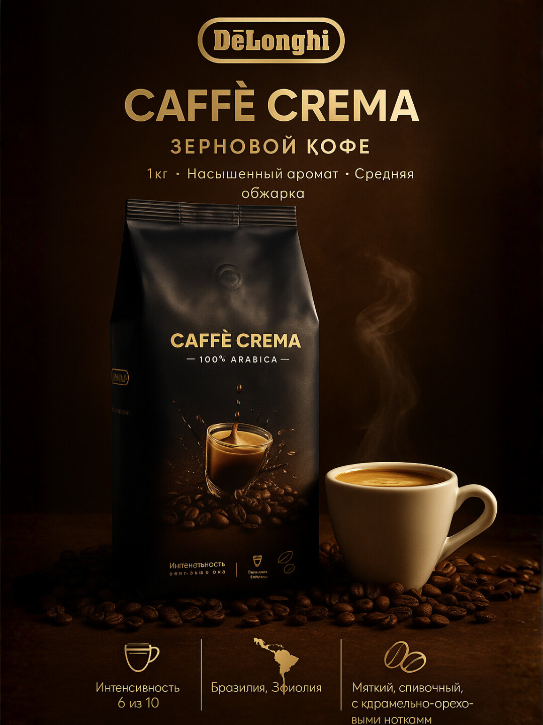 De’Longhi Caffe Crema зерновой кофе 1 кг, 100% Арабика, лёгкая обжарка