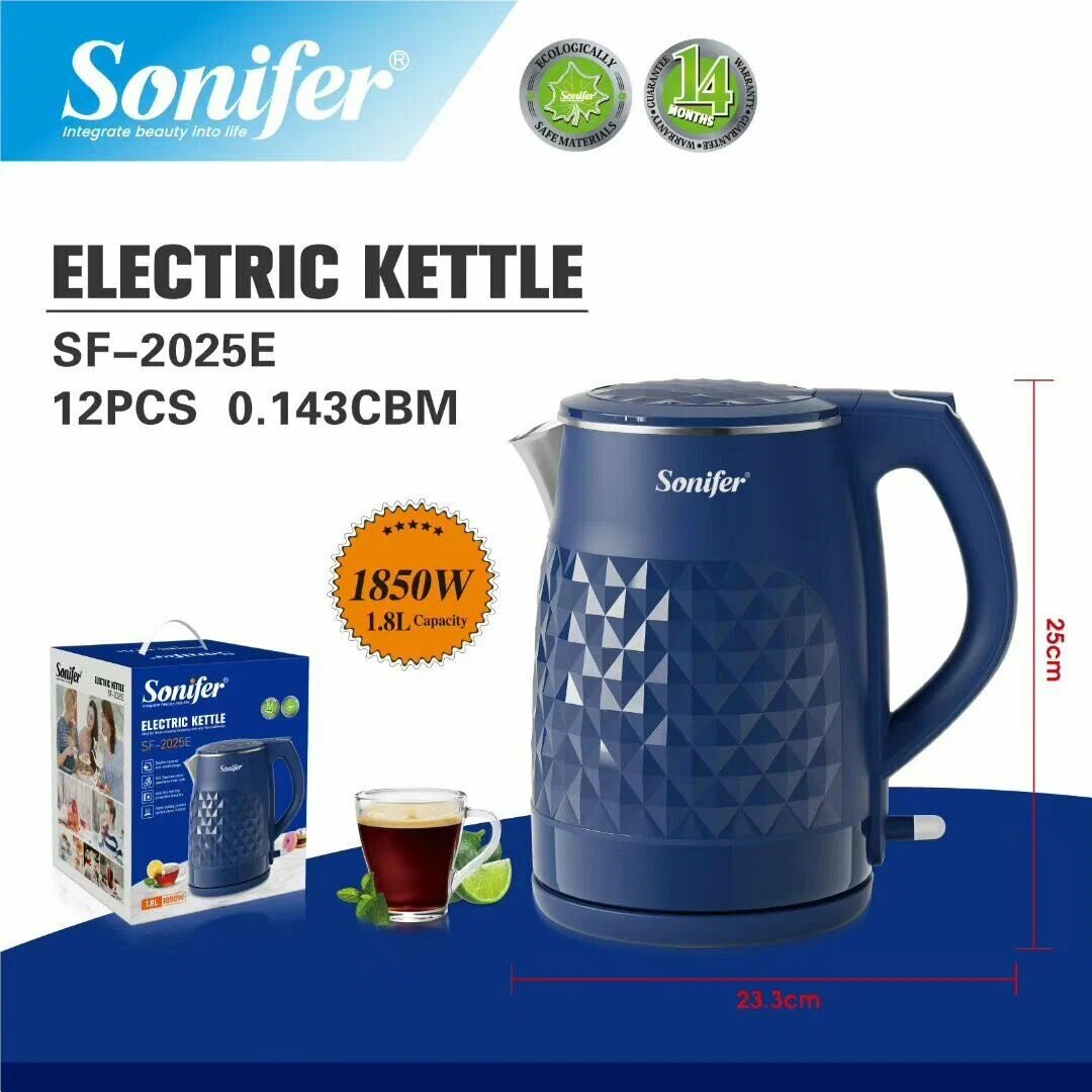 Чайник Sonifer SF-2025E, металл/пластик, 1.8 л, блокировка без воды