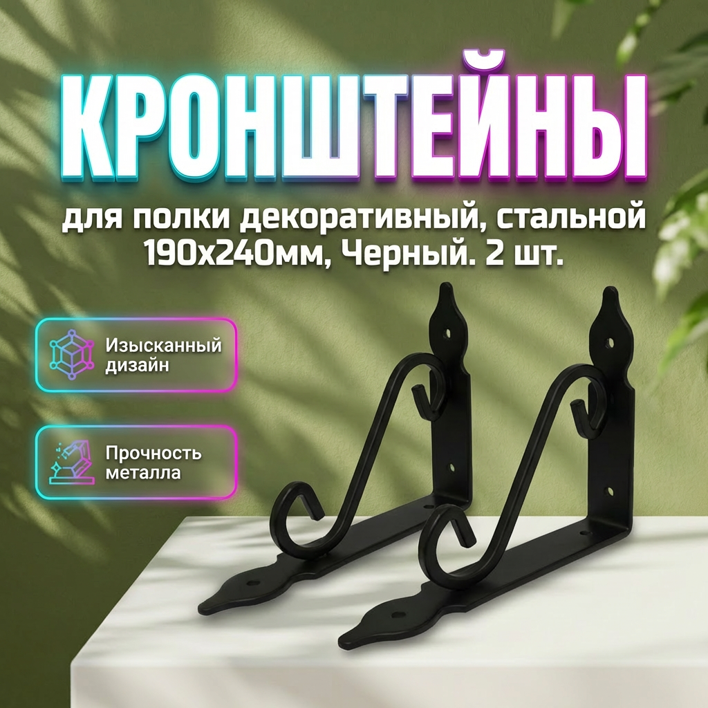 Кронштейн для полки, декоративный, стальной, 190x240мм, черный, 2шт.