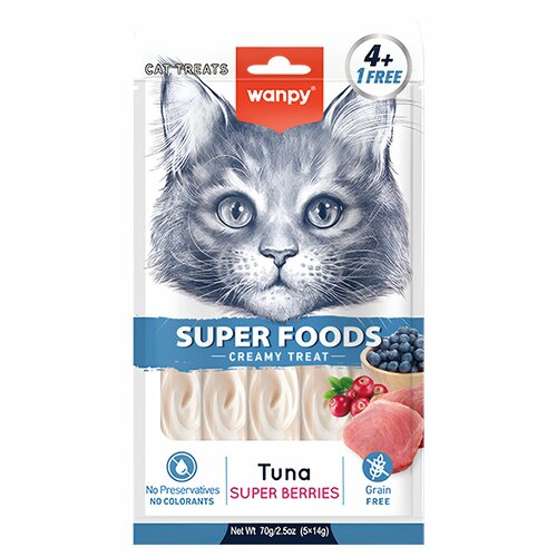 фото Крем - лакомство для кошек wanpy cat super food нежное пюре из тунца с клюквой и черникой, 1 уп х 70 гр