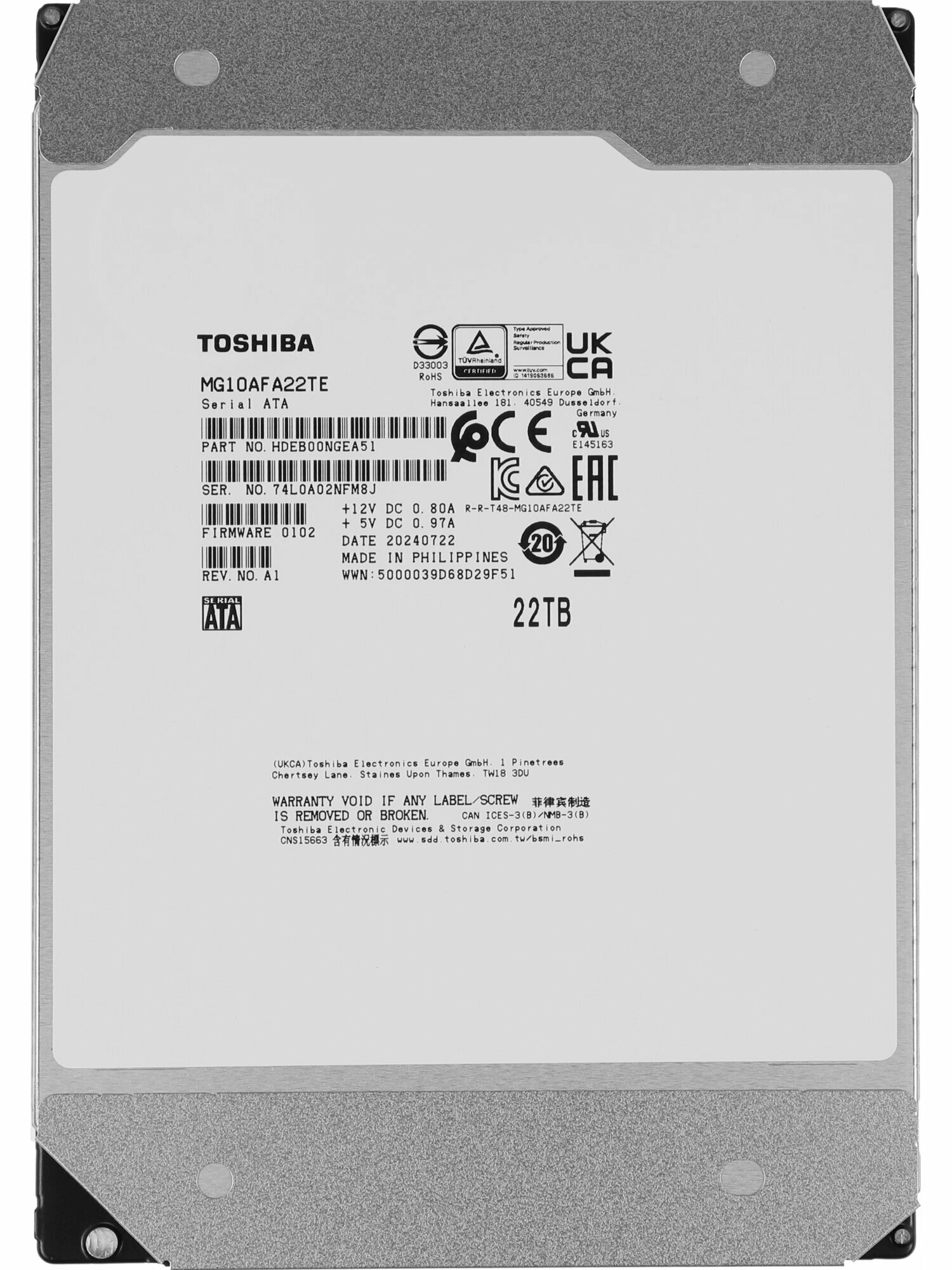 Жесткий диск 22TB Toshiba SATA-III MG10AFA22TE Enterprise Capacity 7200rpm 3.5"