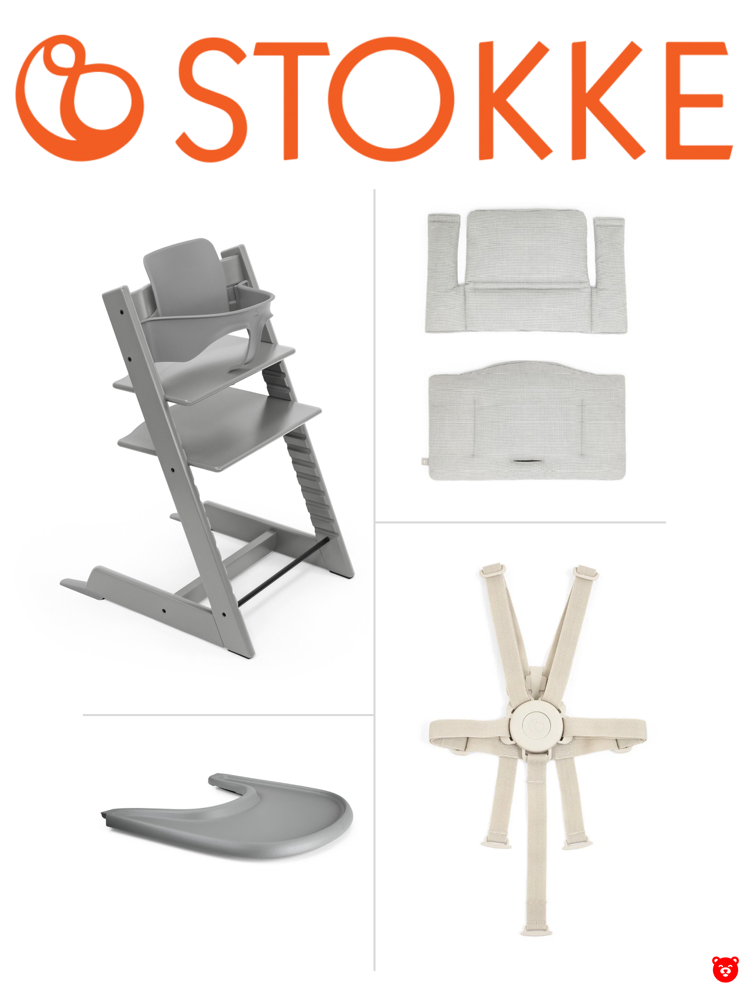Stokke Стул Tripp Trapp 5в1 сиденье, столешница, ремни, подушка, цвет Storm Grey