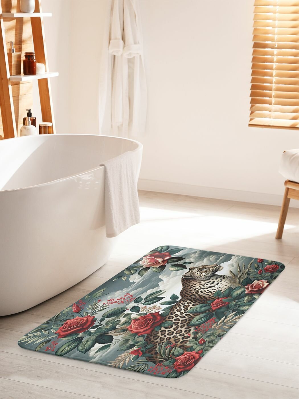 Коврик для ванной комнаты и туалета противоскользящий "Леопард в цветах" 60х100 см, JoyArty