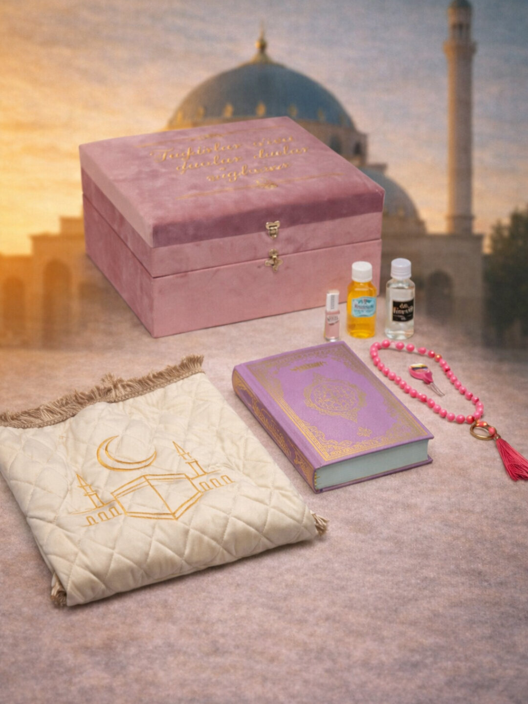Религиозный набор для молитвы арабский Коран, коврик для намаза, четки, зам зам, в подарочной коробке - Розовый