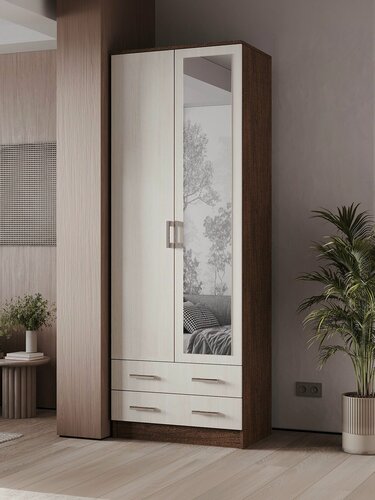 Изображение товара Распашной шкаф для одежды и хранения вещей Прагма с зеркалом, с ящиками, со штангой для одежды, 80х48.7х220 см, Венге / Лоредо