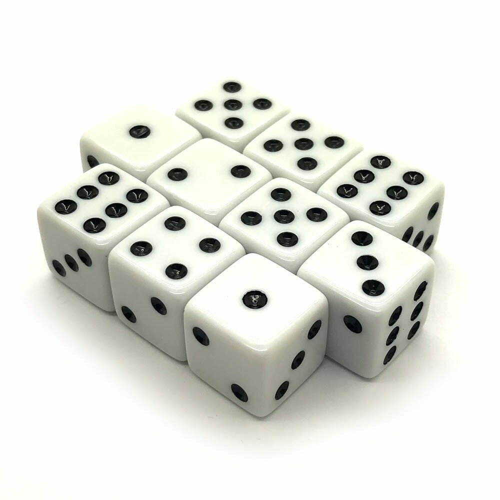 Кубики игральные шестигранные д6 16мм 10шт. Белые с острыми углами