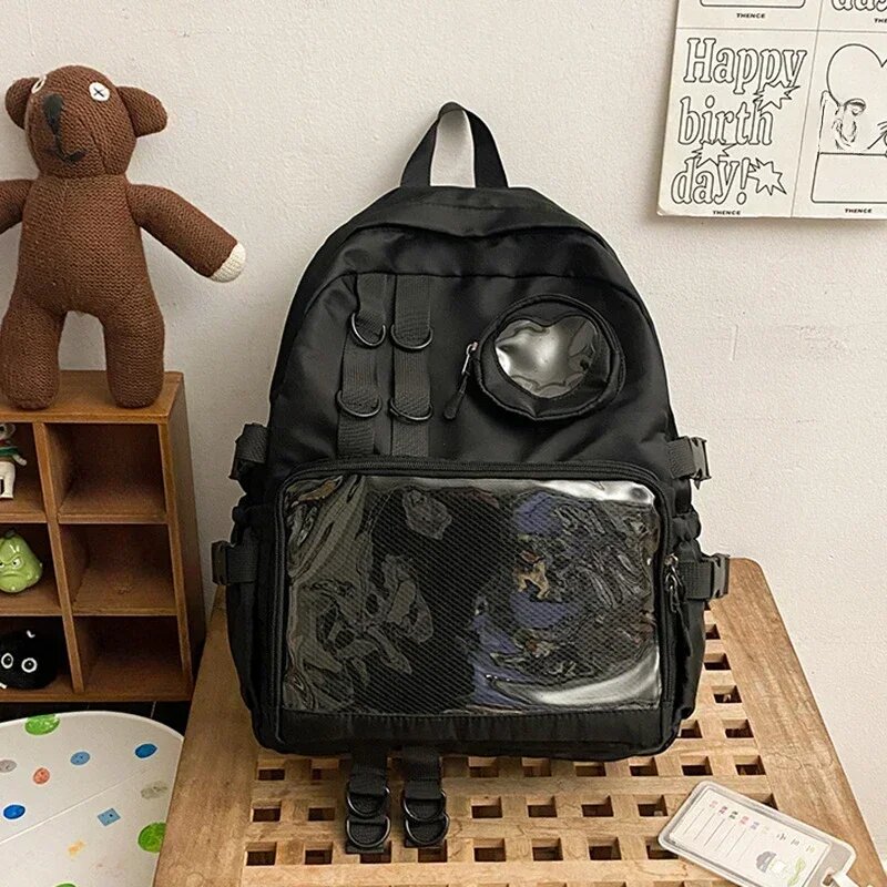 Рюкзак женский с прозрачными карманами нейлоновый черный для школы и повседневного использования