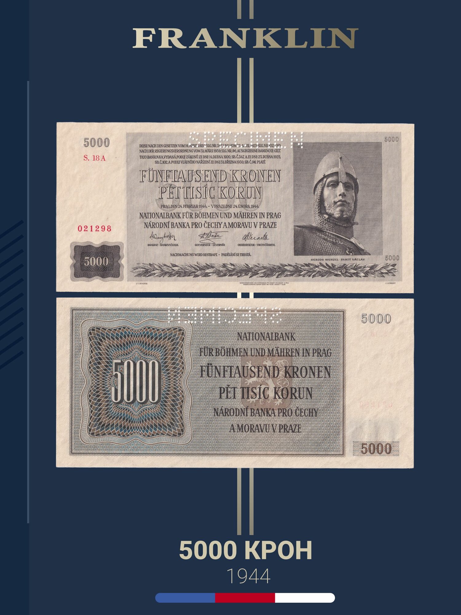 Банкнота Богемия и Моравия 5000 крон 1944 год (UNC) Pick 17s