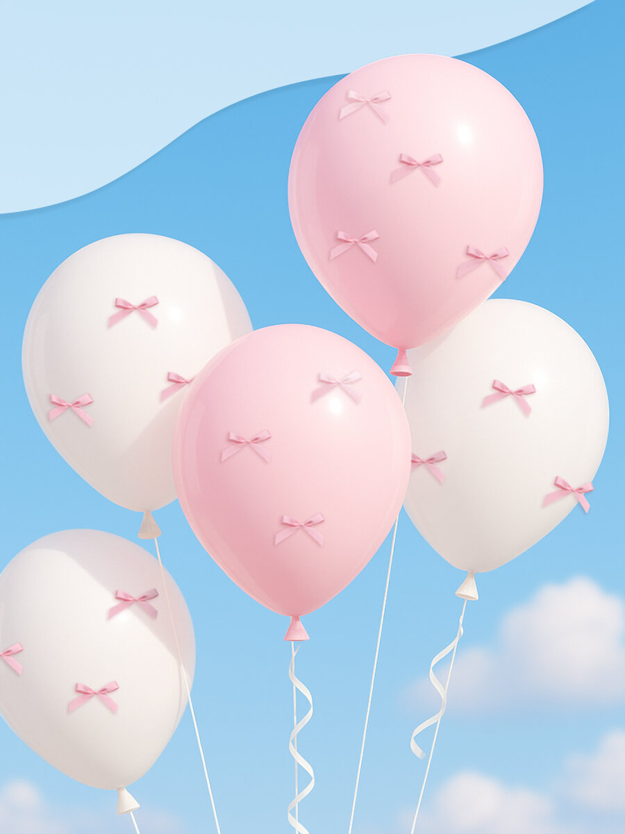 Шарики воздушные с бантиками белые и розовые, набор 5 штук, латекс