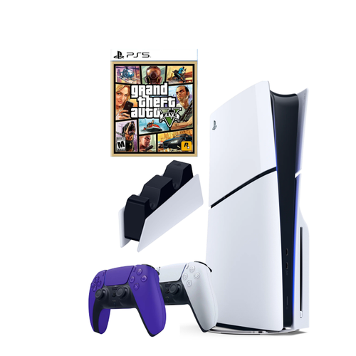 фото Ps5 (пс5) игровая приставка sony playstation 5 slim disc + 2-й геймпад (фиолетовый)+ зарядное + игра gta 5