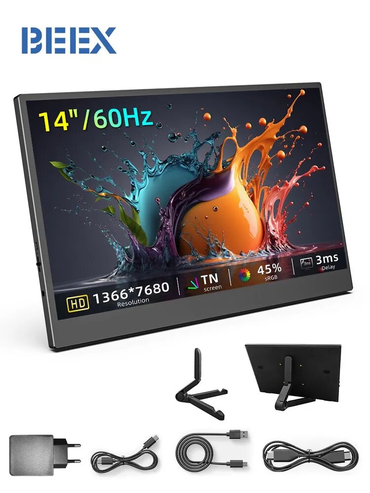 BEEX 14" Монитор, TN, 1366x768 HD, 60 Гц, черный матовый