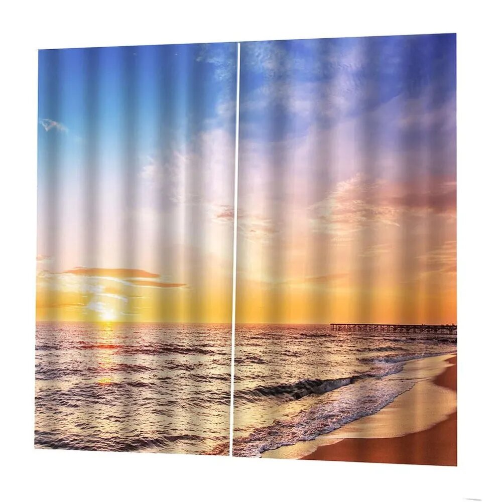 Штора на дверь Sunset Beach 75x166 см, полиэстер, вид на пляж на закате, желтая, комплект 2 панели