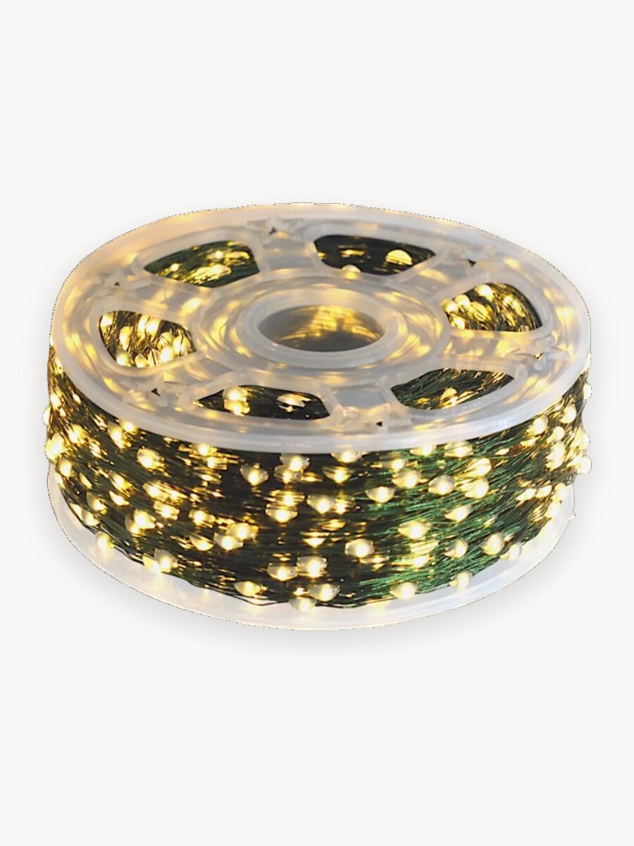 Гирлянда Роса в катушке 200 метров, зеленый провод, желтый свет