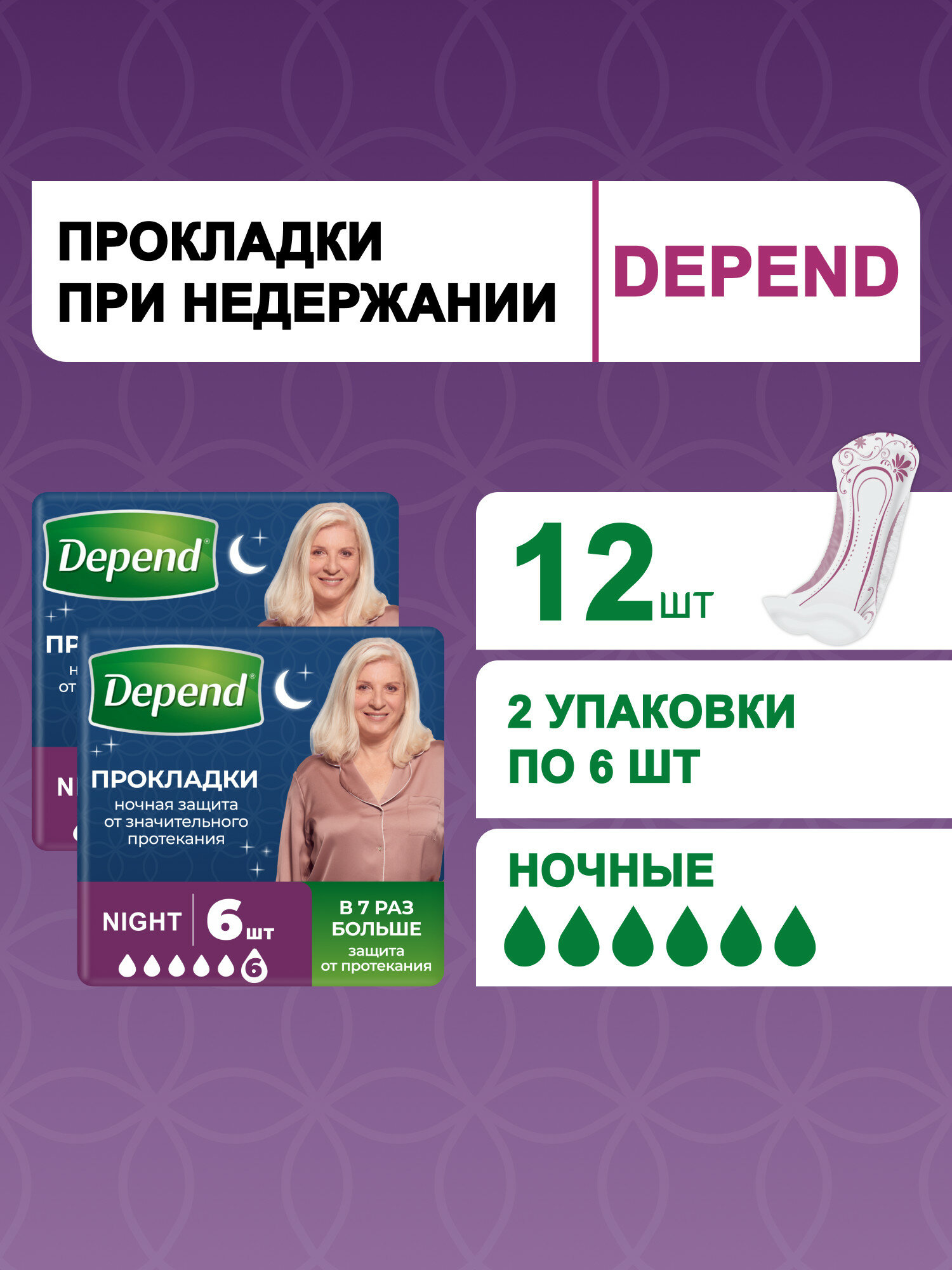 Прокладки урологические женские Depend Ночные при недержании, 12 шт — фото 1