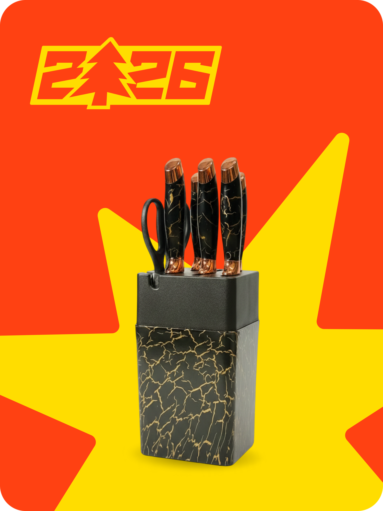 Набор кухонных ножей 6 предметов с подставкой, мраморный дизайн, нержавеющая сталь