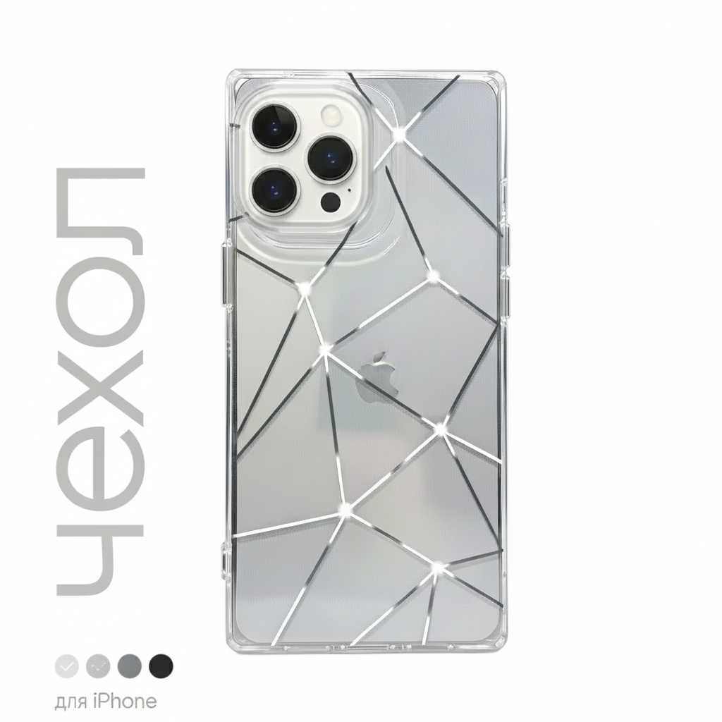 Чехол для iPhone 15 Pro Max с геометрическим блестящим дизайном и защитой камер