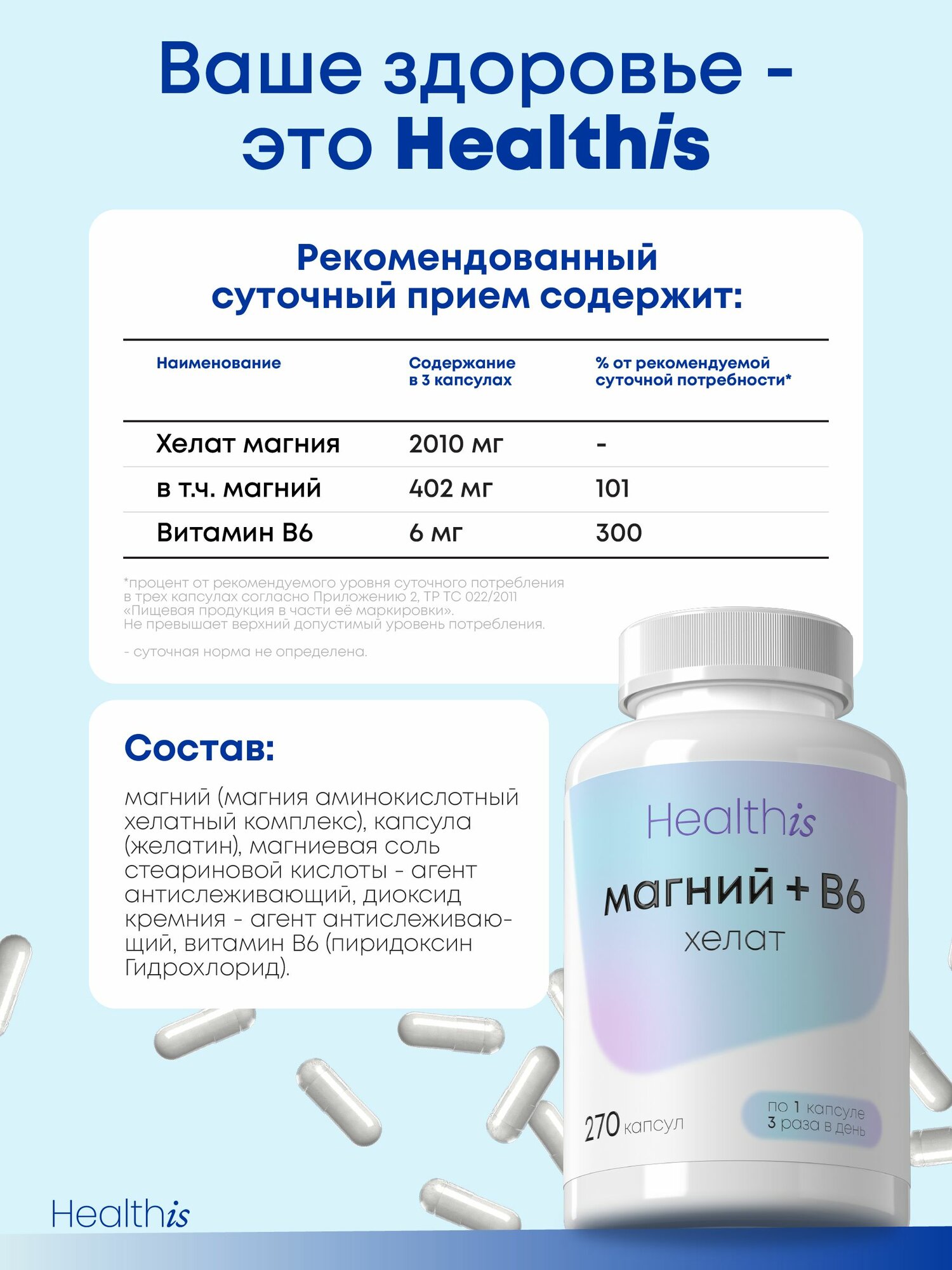 Магний В6 Хелат Глицинат (бисглицинат) magnesium chelate b6, витамины от стресса и для сна 270 капсул — фото 1