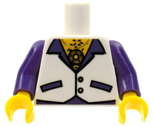 Torso Vest with Dark Purple Pockets and Lapels and Gold Buttons, Necklace with Medallion, Yellow Hairy Chest Pattern / Dark Purple Arms / Yellow Hands, 973pb0715c01 White U