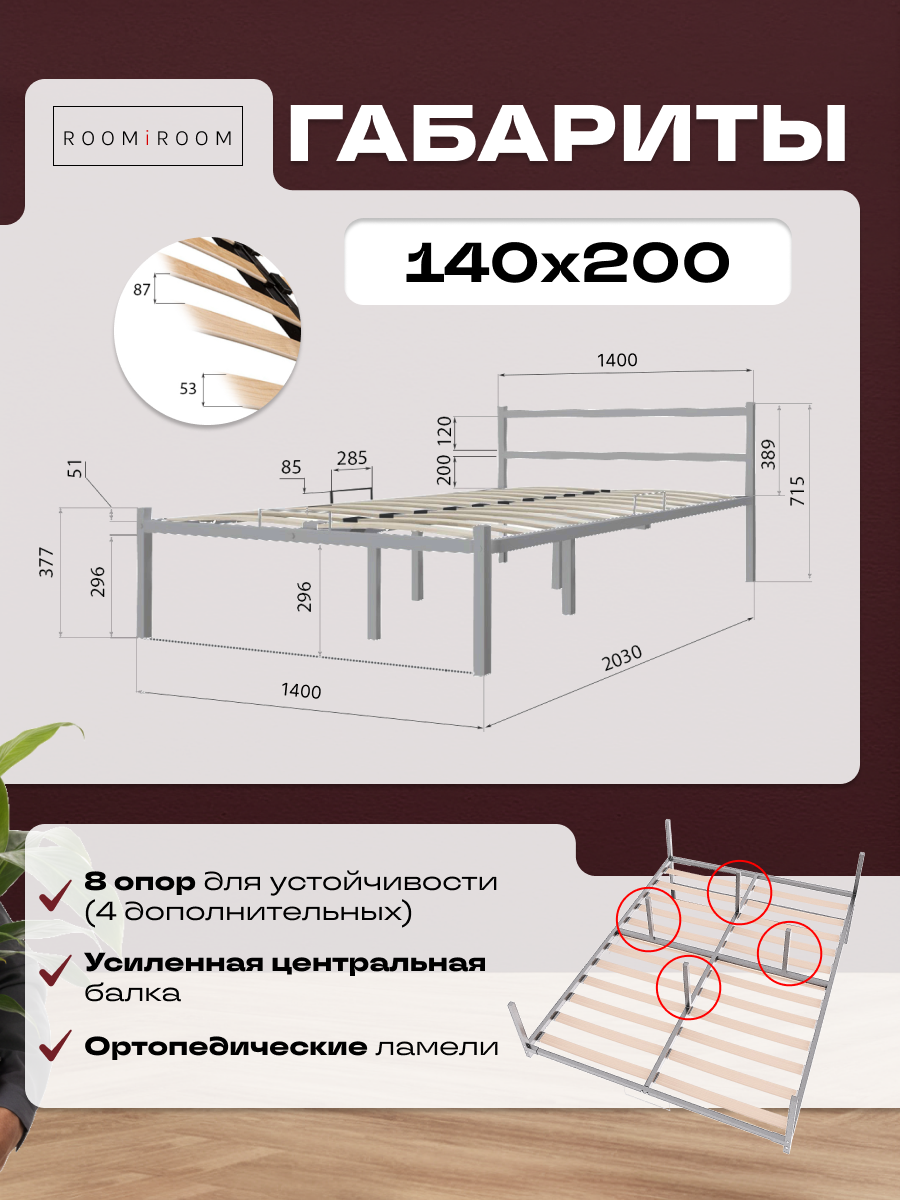 Кровать STONE, двухспальная, ортопедическое основание, металл, серая, 140x200x30 см — фото 1