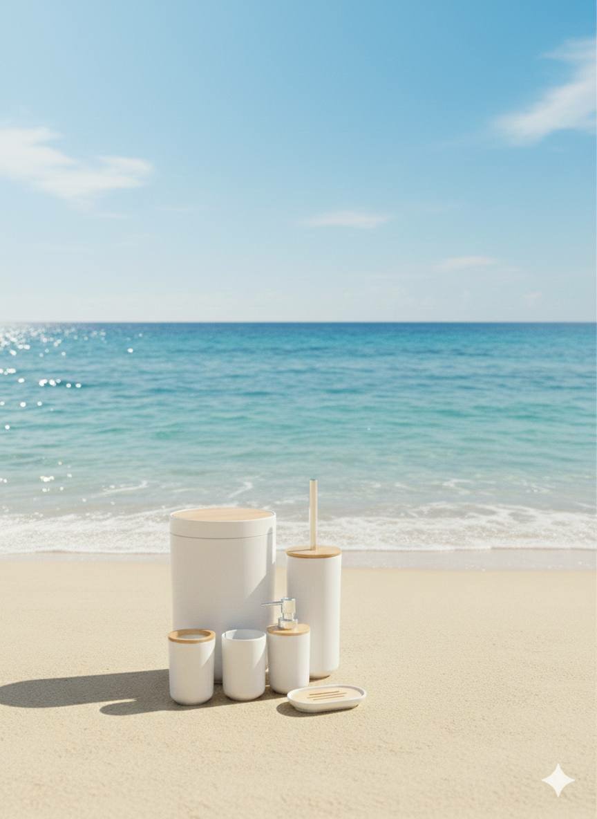 Набор аксессуаров для ванной комнаты 6 предметов — белый с бамбуком