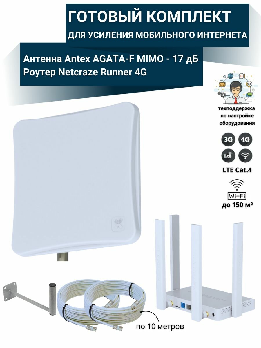 Комплект усилитель интернет сигнала для дачи и дома роутер Netcraze Runner 4G с антенной AGATA-F MIMO