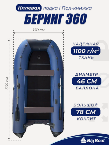 Изображение товара Надувная, под мотор, килевая лодка из ПВХ для рыбалки Bering (Беринг) 360К пол-книжка