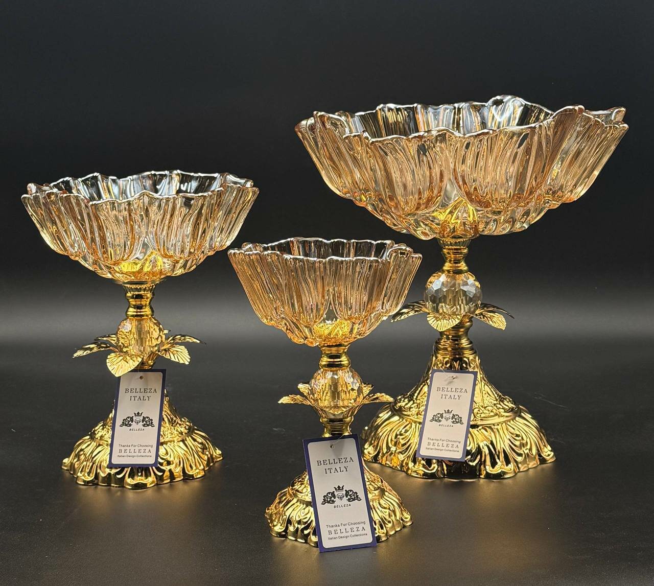 Багема . Комплект хрустальных ваза для фруктов и сладостей на декоративных металических ножках