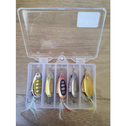 Набор блёсен-вертушек для рыбалки (5 шт, 14 грамм) – универсальные, на щуку, окуня, судака, форель, карпа + кейс