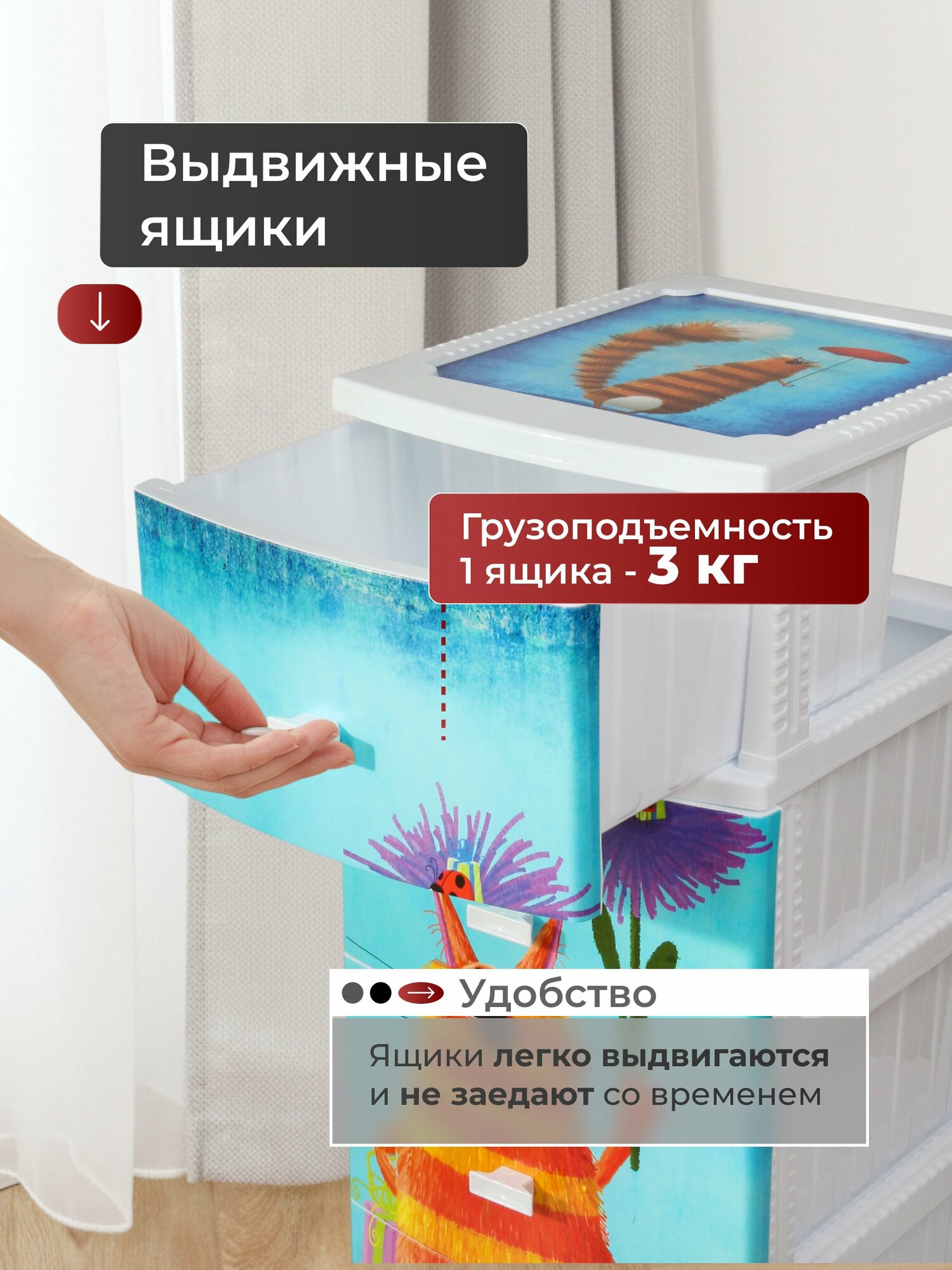 Комод детский Росспласт Кот 4 ящика 38х47х98 см белый пластиковый для хранения вещей в детской комнате, модель РП-451 — фото 1