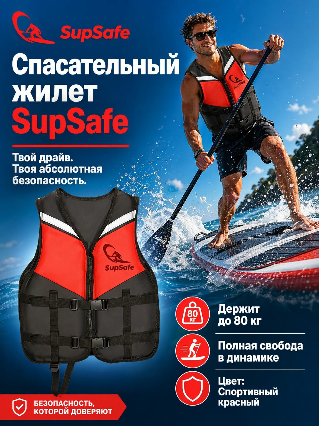 Спасательный жилет для сапборда (SUP), гидроцикла и вейкборда SupSafe, страховочный спортивный взрослый до 80 кг, 46-48, черный/красный
