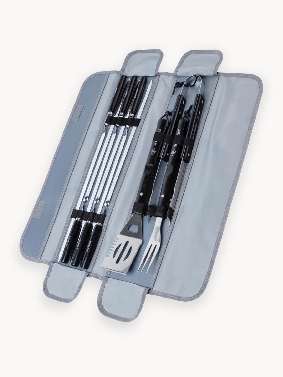 Набор аксессуаров для гриля в кофре Forester : вилка, лопатка, щипцы, 6 шампуров