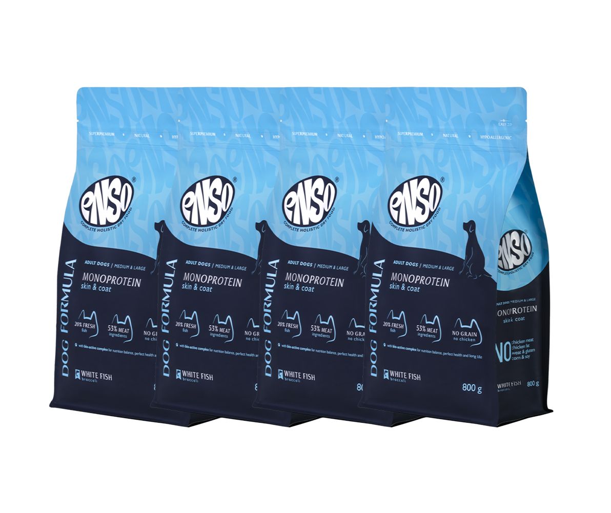 ENSO Dog formula Monoprotein сухой полнорационный корм для взрослых собак средних и крупных пород со свежей белой рыбой с добавлением брокколи 0,8 кг x 4 шт.