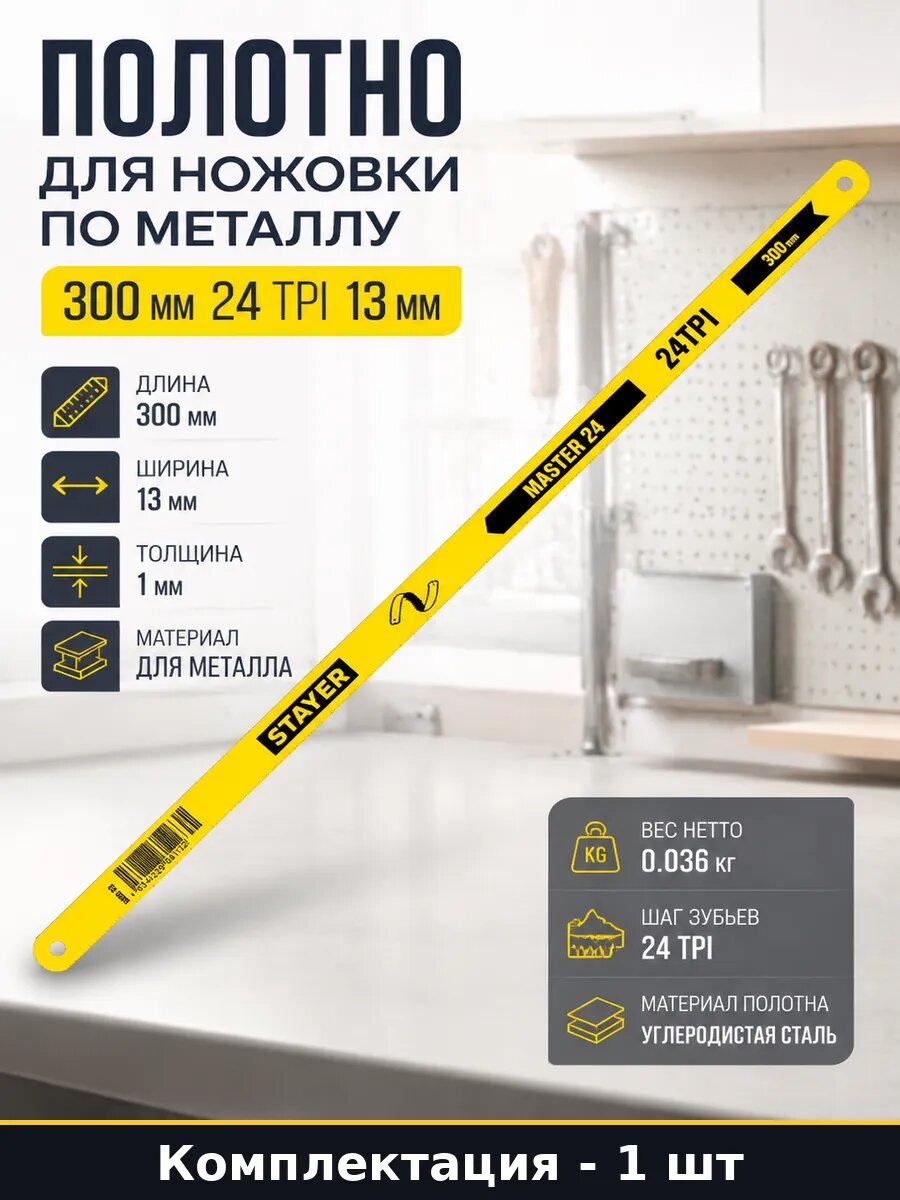 Полотно для ножовки по металлу 300 мм 24 TPI 13 мм 1 шт