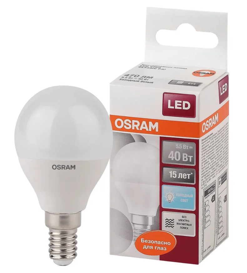 Лампа светодиодная OSRAM LED Star, 470лм, 5Вт, 4000К, нейтральный свет, Цоколь E14, шар, 1 шт